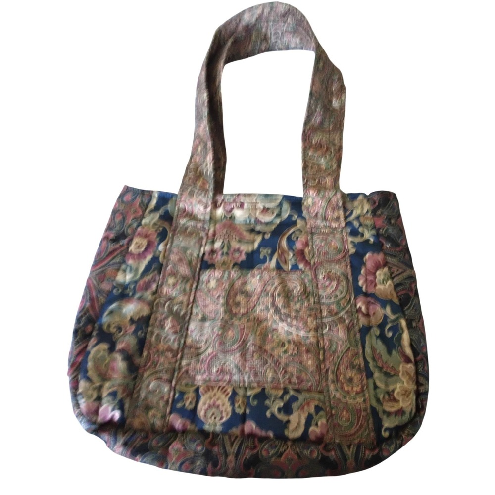 Vintage Tapestry Floral Paisley Tote Bag Navy Blue Burgundy Woven Shoulder Bag